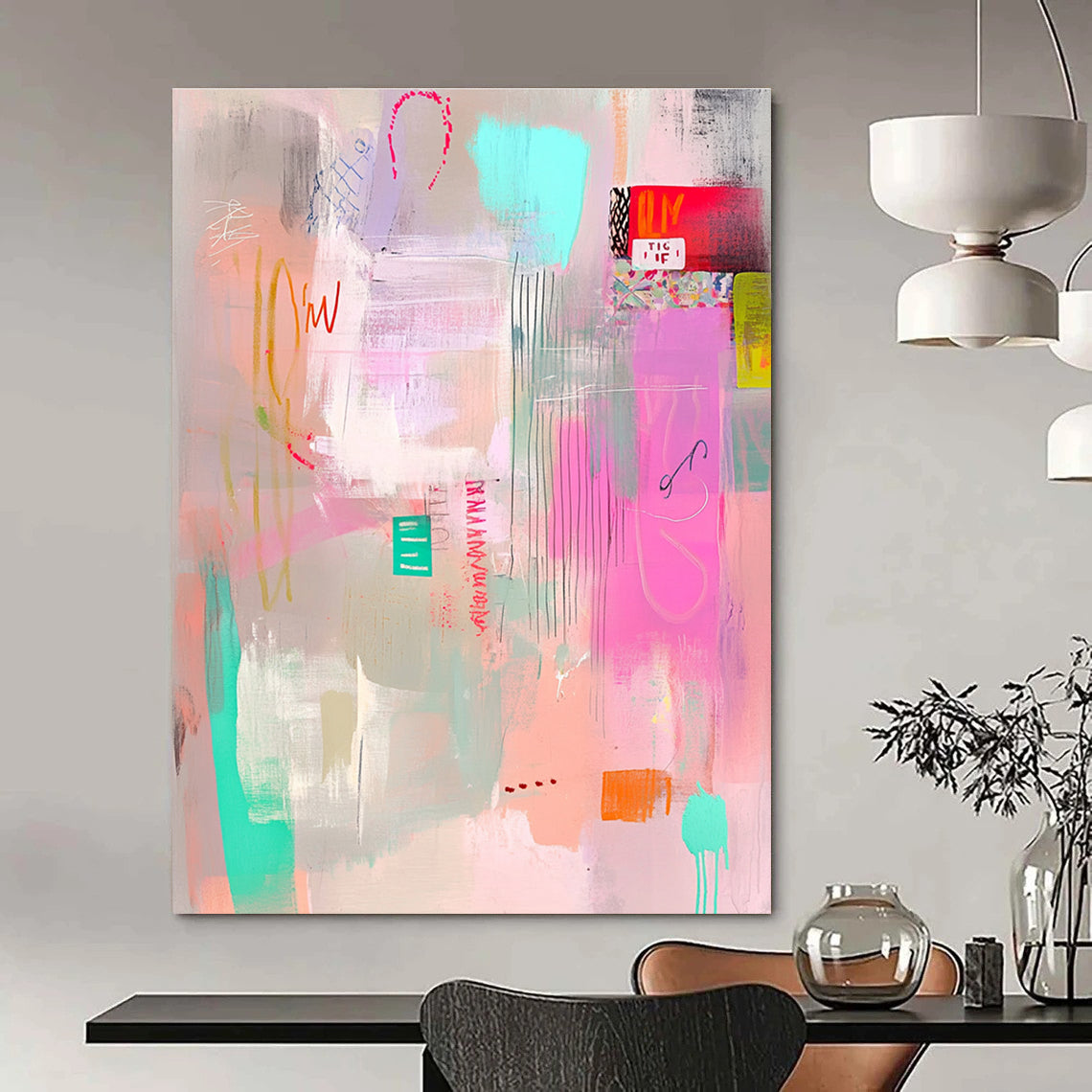 Large abstract painting in pastel pink aqua and lime green tones with soft brushstrokes layered with transparent elements and playful text.STSC1023