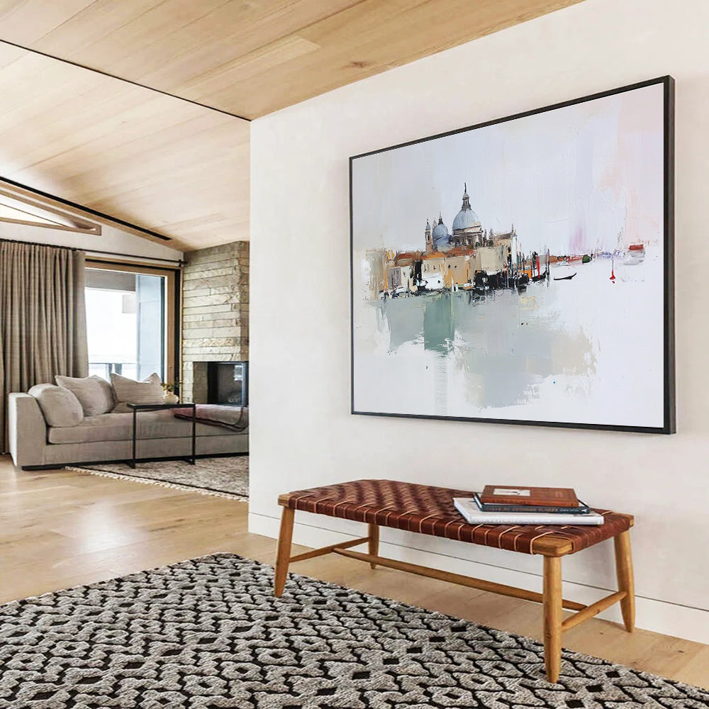 Large abstract oil painting of Venice featuring beige buildings and a small red dome against a light gray and pale pink background.SC126