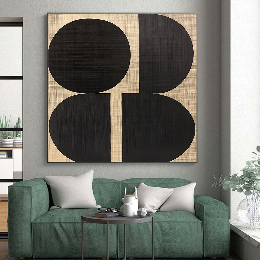 Black Oval Shapes Abstract Art on Textured Beige GER242
