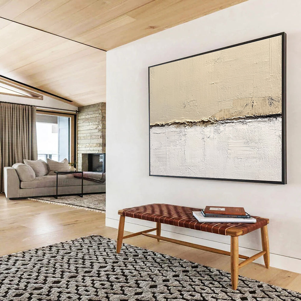 Abstract painting on textured beige wall features neutral tones in a minimalist style executed in oil on canvas with a harmonious color palette.SC181