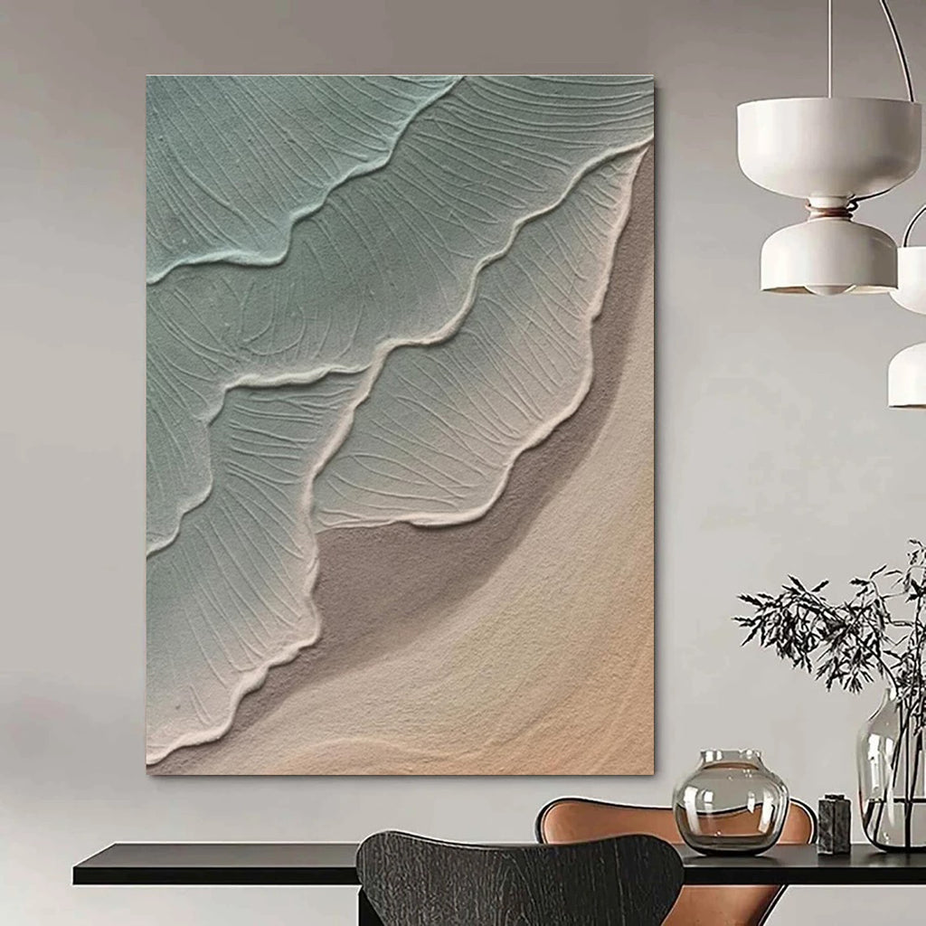 Green and Beige Textured Abstract Painting with Wave - like Forms ADGE519