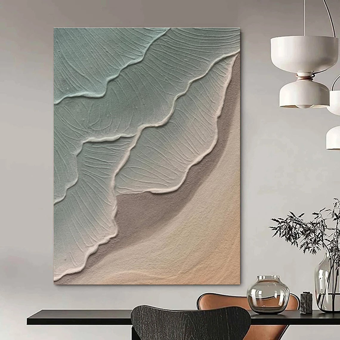 Green and Beige Textured Abstract Painting with Wave - like Forms ADGE519