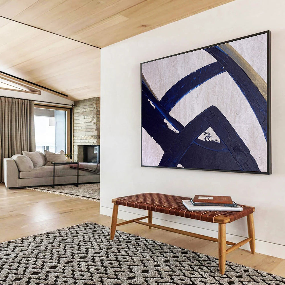 Navy Gold Abstract Painting with Intertwined Shapes THY350