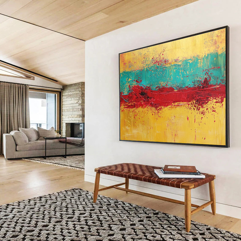 Gold Teal Red Abstract Painting with Textured Layers DYP428