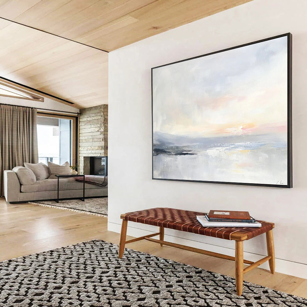 Large abstract painting of a serene ocean landscape in soft pastels with visible brush strokes and a tranquil sunrise over calm waters.SC161
