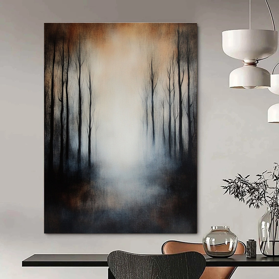 Large abstract painting of an eerie forest featuring black trees muted colors foggy atmosphere and impressionistic brushstrokes on textured canvas.STSC259