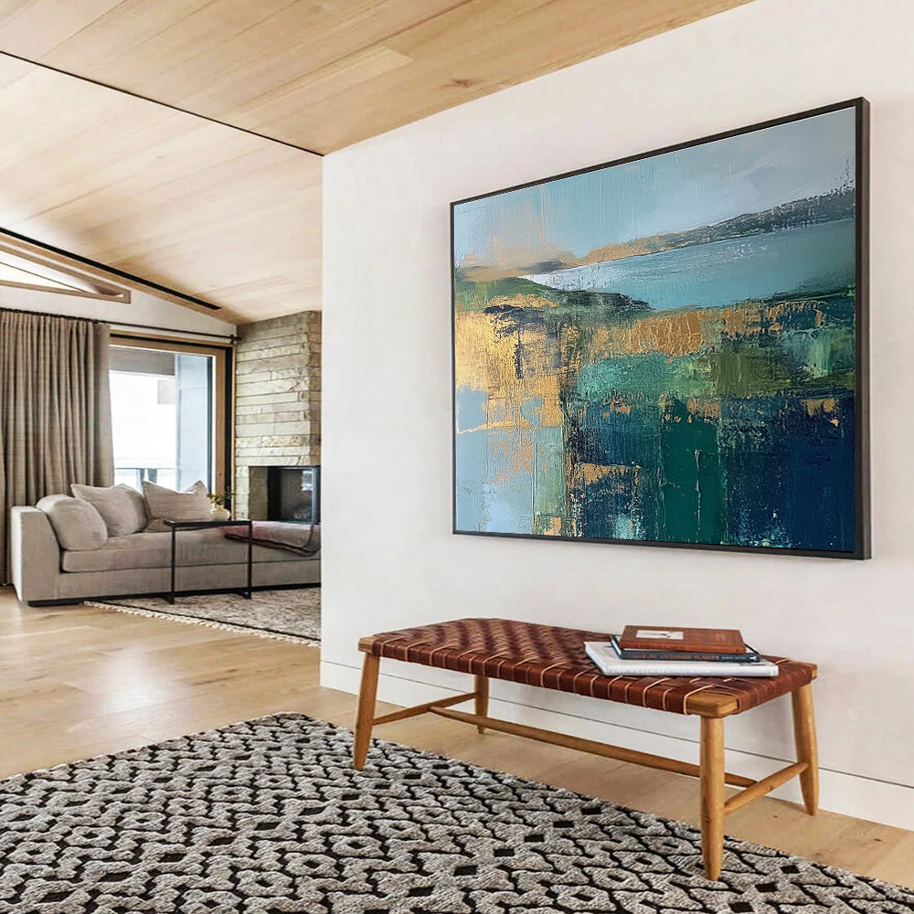 Blue Green Gold Landscape Abstract Painting with Geometric Textures DYP268