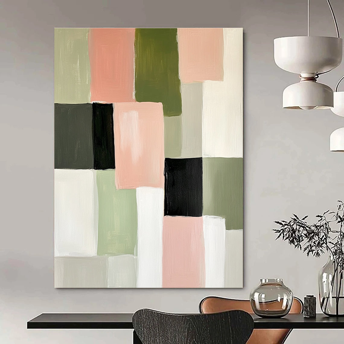 Abstract painting featuring soft pink green and white blocks of color creating an elegant minimalist composition perfect for modern decor.STSC448