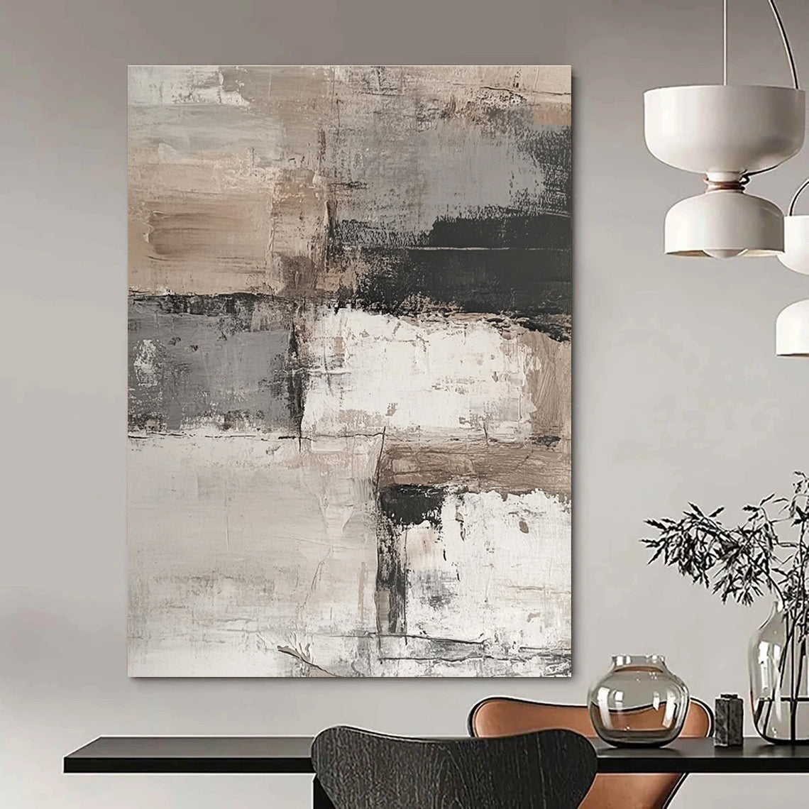 Abstract painting featuring an aged white brick wall with peeling paint, set against a muted background of grey, beige, and brown tones.STSC269