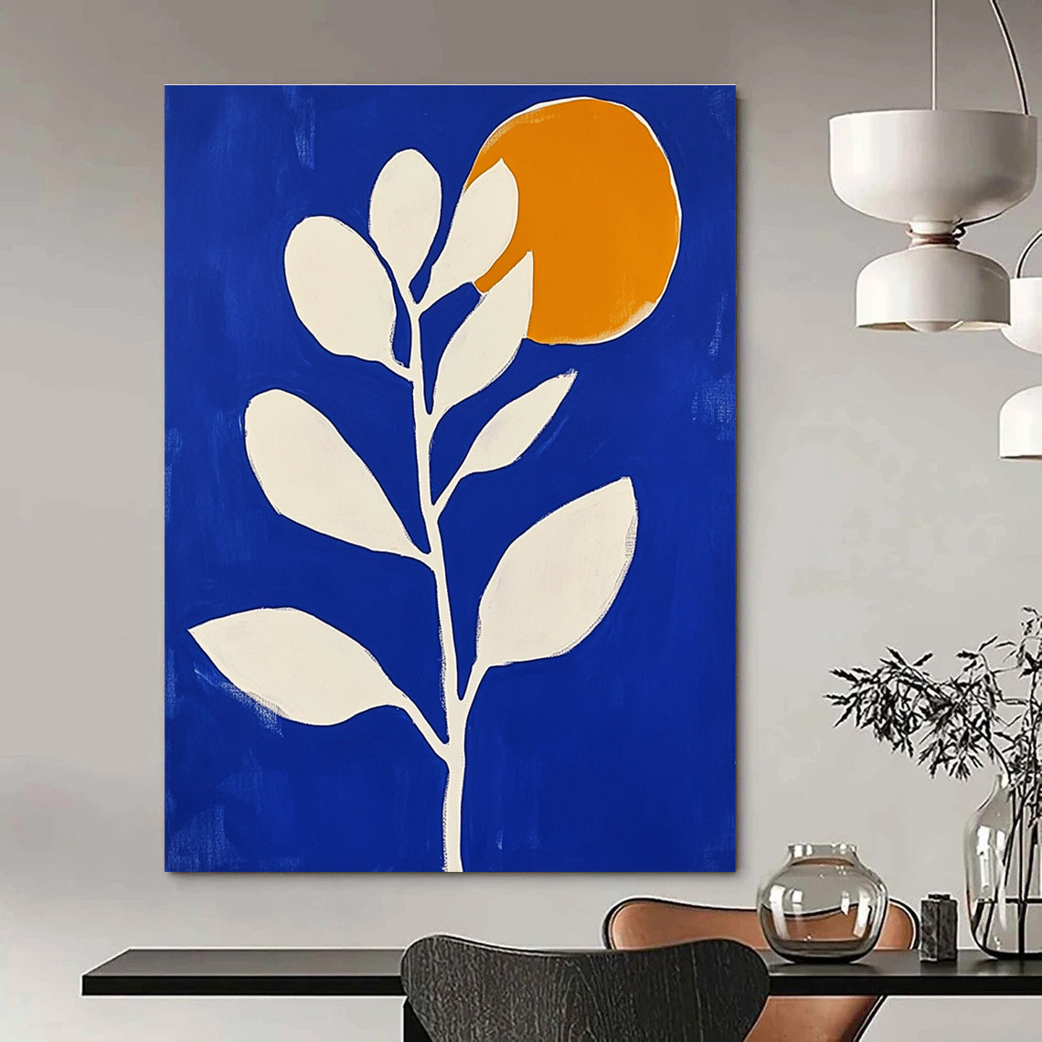 Large abstract painting in blue and white featuring minimalist flower shapes and an orange sun with bold brush strokes.STSC920