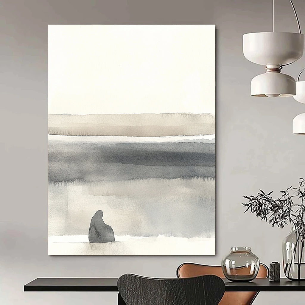 Large abstract painting in soft whites and grays featuring minimalistic landscape with organic shapes and muted tones for a serene atmosphere.STSC1465