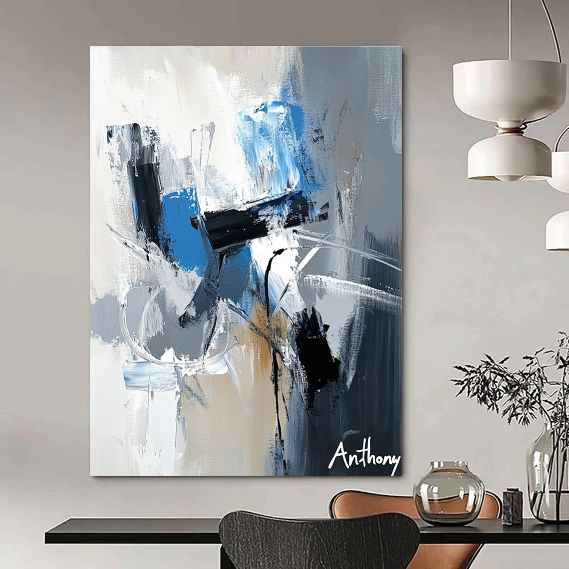 Large abstract painting featuring the name Anthony in white gray and blue tones with dynamic brush strokes and rich textures.STSC450