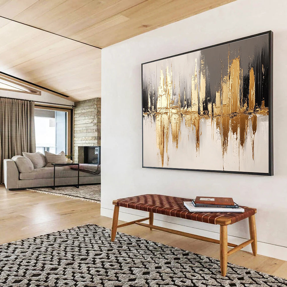 Gold and Gray Cityscape Abstract Painting with Reflective Textures DYP311
