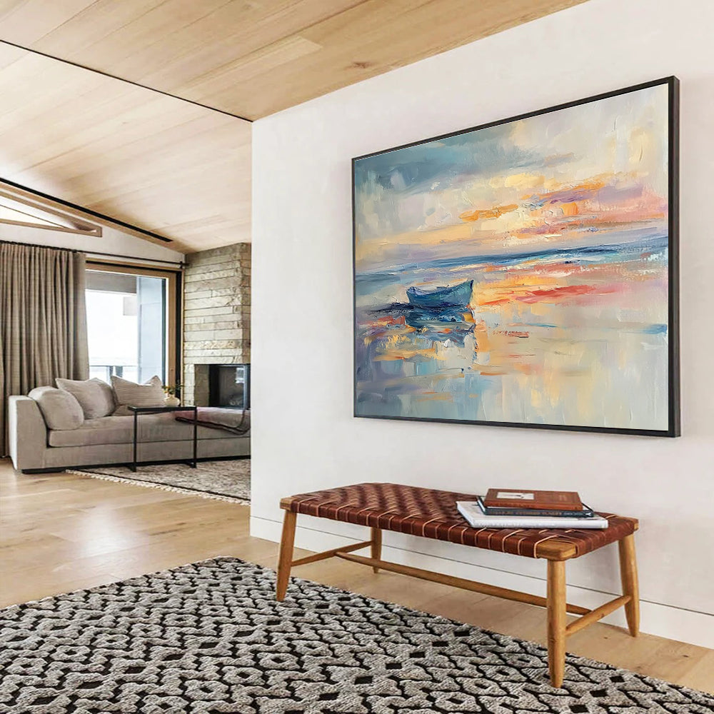 Large abstract painting of the sea featuring calming sunset colors on the horizon perfect for enhancing any space.SC133