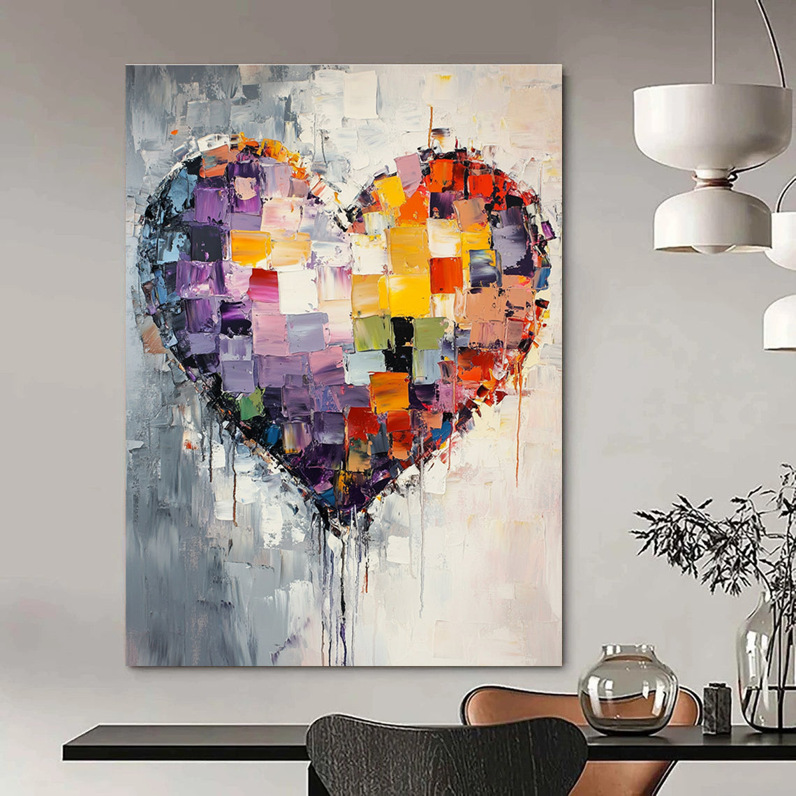 Large abstract painting featuring a mosaic heart with vibrant colors and textured layers, evoking emotion through dynamic brush strokes and dripping details.STSC559