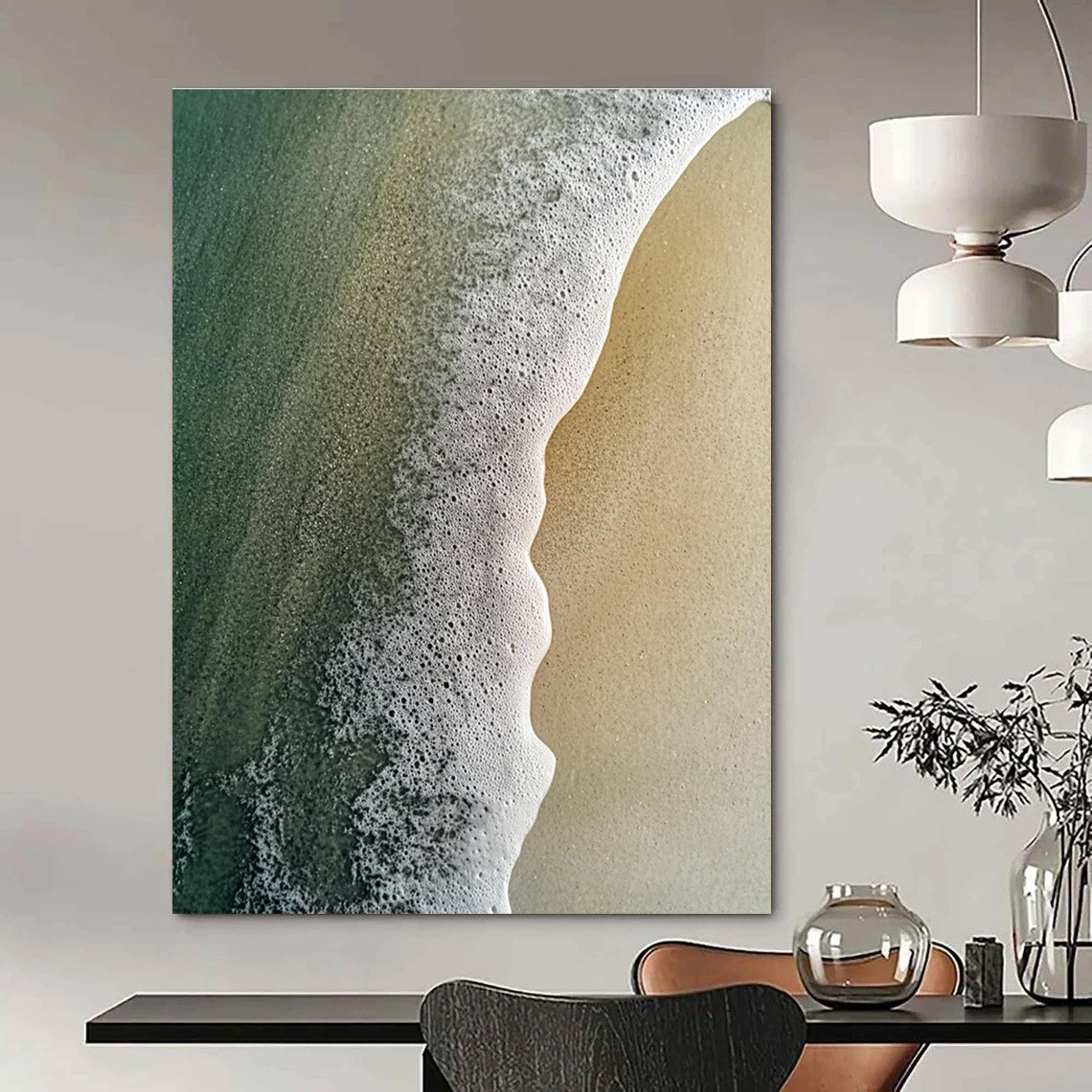 Large abstract painting capturing the meeting of sand and water with intricate pastel patterns and soft mist rising from the sea.STSC1410