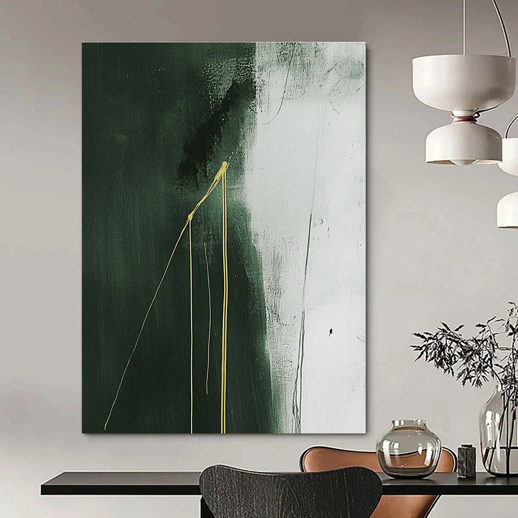 Large abstract painting with dark gray background featuring white and green hues and two growing yellow lines creating a minimalist composition.STSC1241