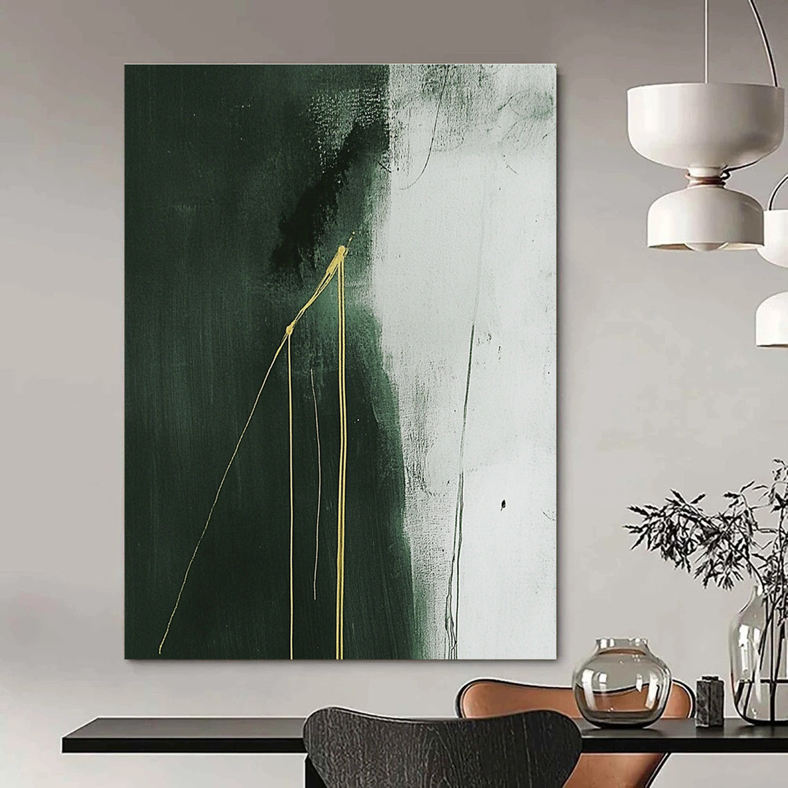 Large abstract painting with dark gray background featuring white and green hues and two growing yellow lines creating a minimalist composition.STSC1241