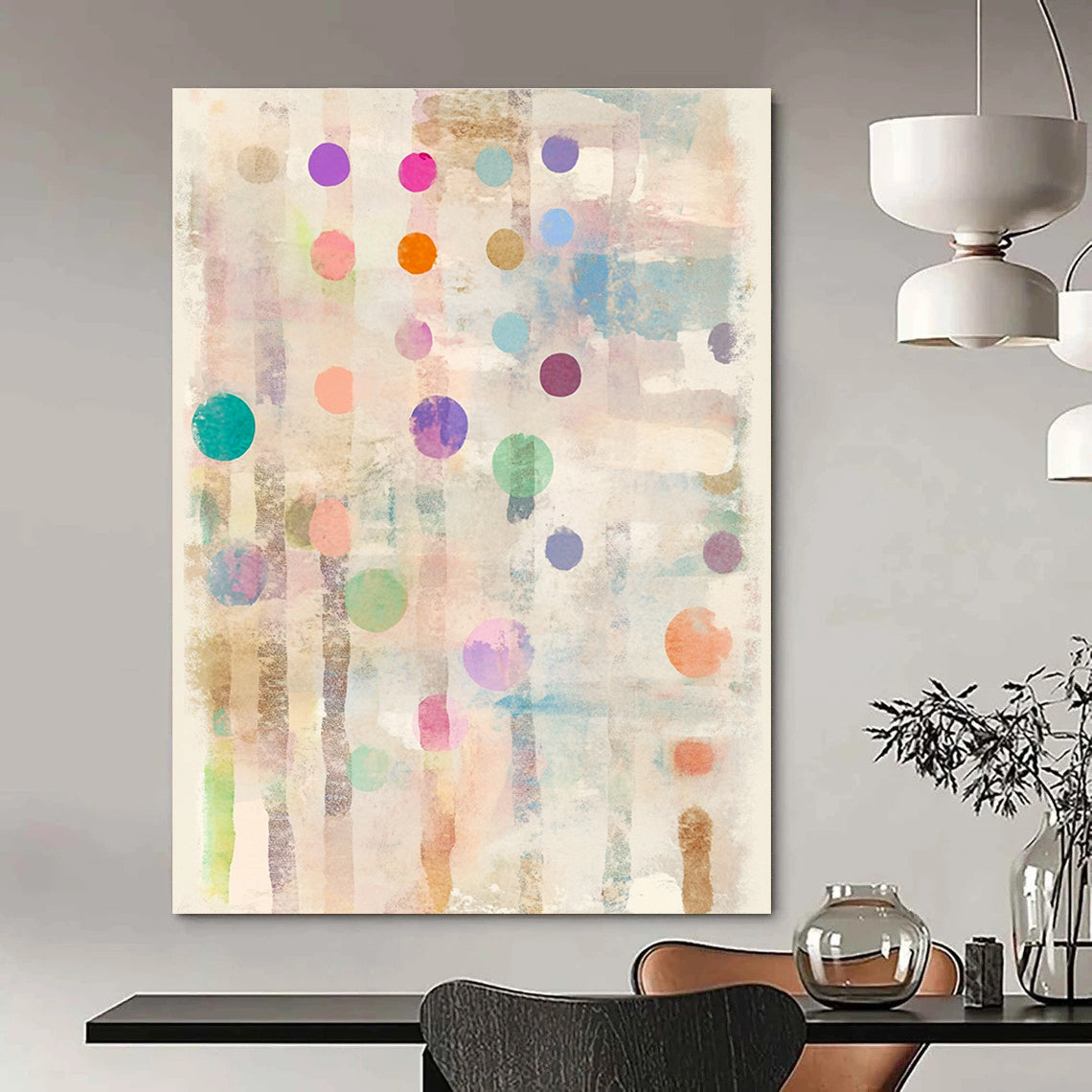 Large abstract painting on paper with pastel polka dots and stripes adorned with tiny hearts and stars at each dot's edge.STSC722
