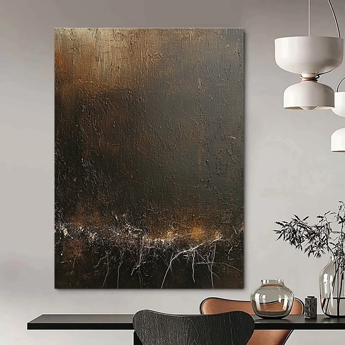 Large Abstract Artwork Featuring Dark Brown Canvas With Textured White Cracks And Soft Warm Lighting Perfect For Creating An Atmosphere Of Timeless Mystery.STSC1429