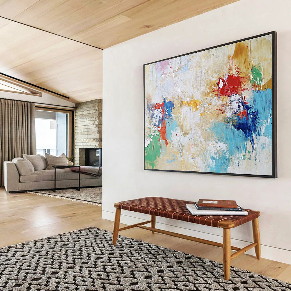 Large abstract painting in light colors depicting freedom with brushstrokes suggesting forms, evoking hope, joy, and endless possibilities.SC217
