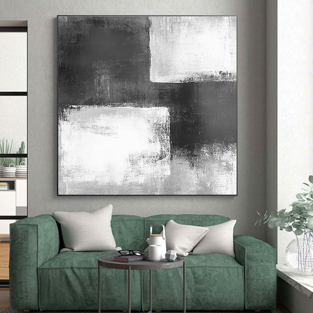 Black White and Gray Abstract Painting with Geometric Forms GER421
