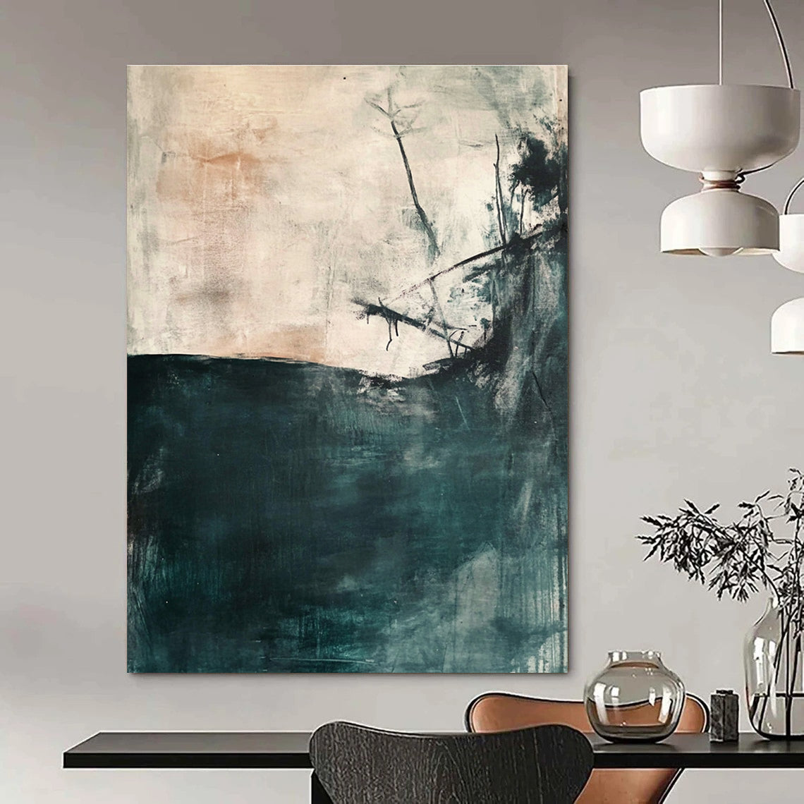 Large abstract painting depicting an underwater scene in soft gray and teal tones with minimalistic loose brushwork and neutral colors.STSC276