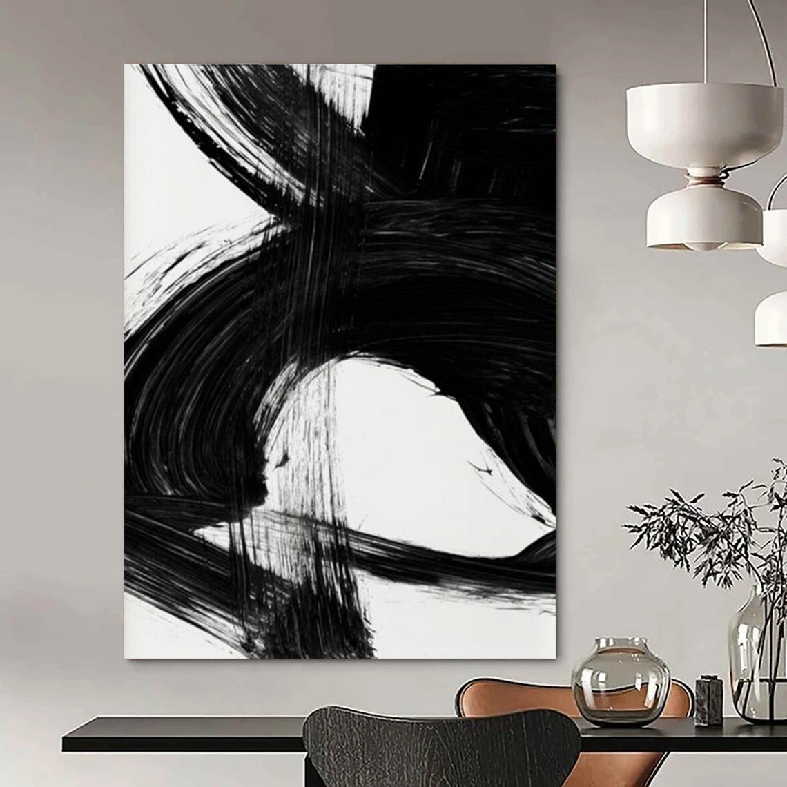 Black Ink Abstract with Dynamic Forms Painting ADGE196
