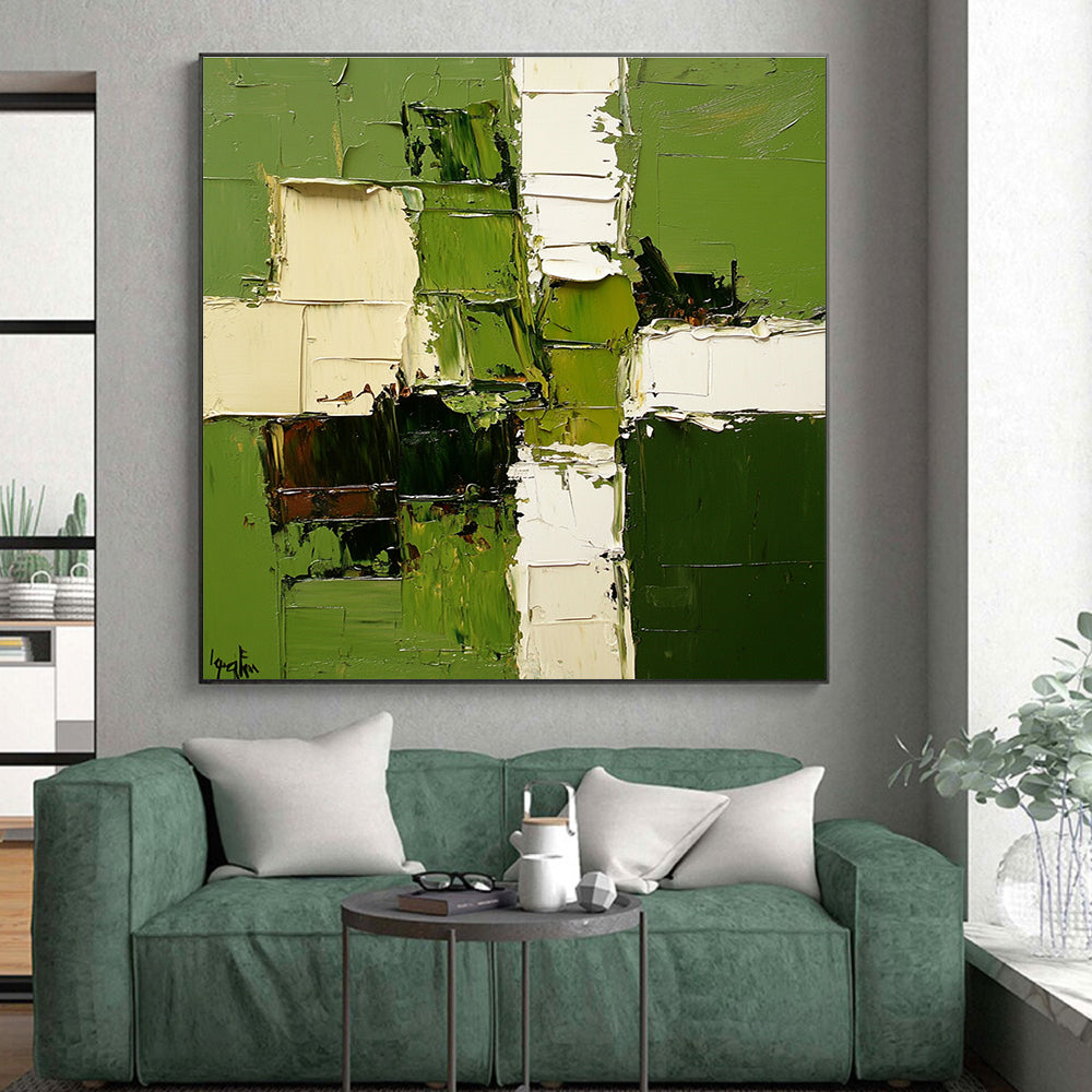 Green and White Abstract Painting with Patchwork Design GER478