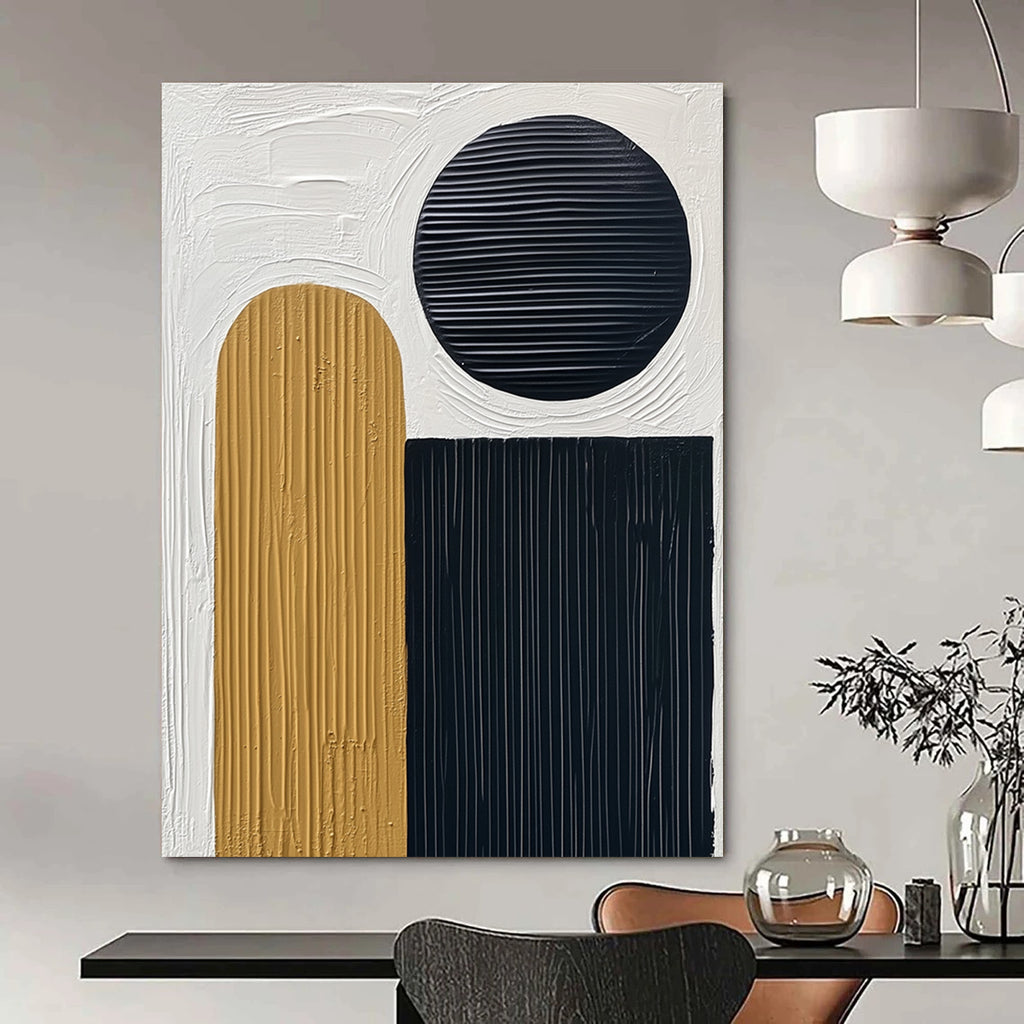 Abstract painting featuring thick black lines on textured paper with a white background and a small gold oval accent along with three circles.STSC451