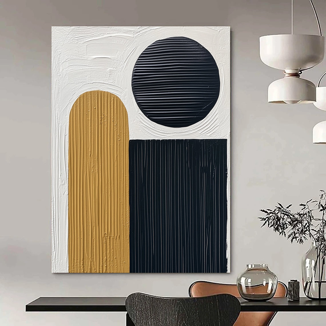 Abstract painting featuring thick black lines on textured paper with a white background and a small gold oval accent along with three circles.STSC451
