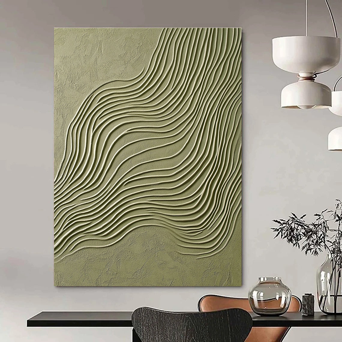 An Abstract Artwork Featuring Elegant Olive Green and White Lines, Perfect for Showcasing Product Designs and Architectural Drawings.STSC940