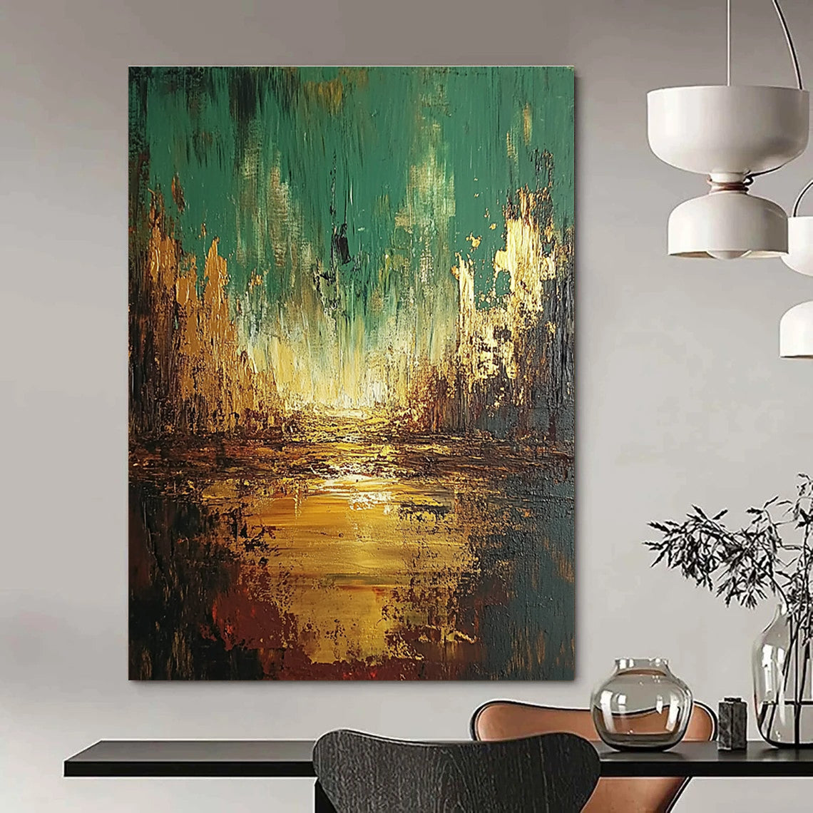 Large abstract oil painting depicting an apocalyptic landscape in greens and browns with golden highlights, perfect for bold decor.STSC583
