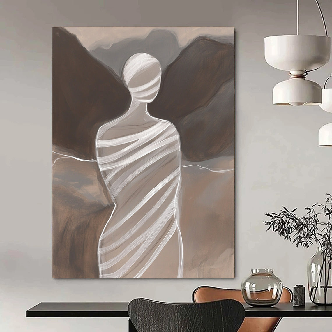 Large abstract painting featuring a faceless woman in striped fabric atop Mount Lao with delicate lines minimalist style and subtle color transitions.STSC1268