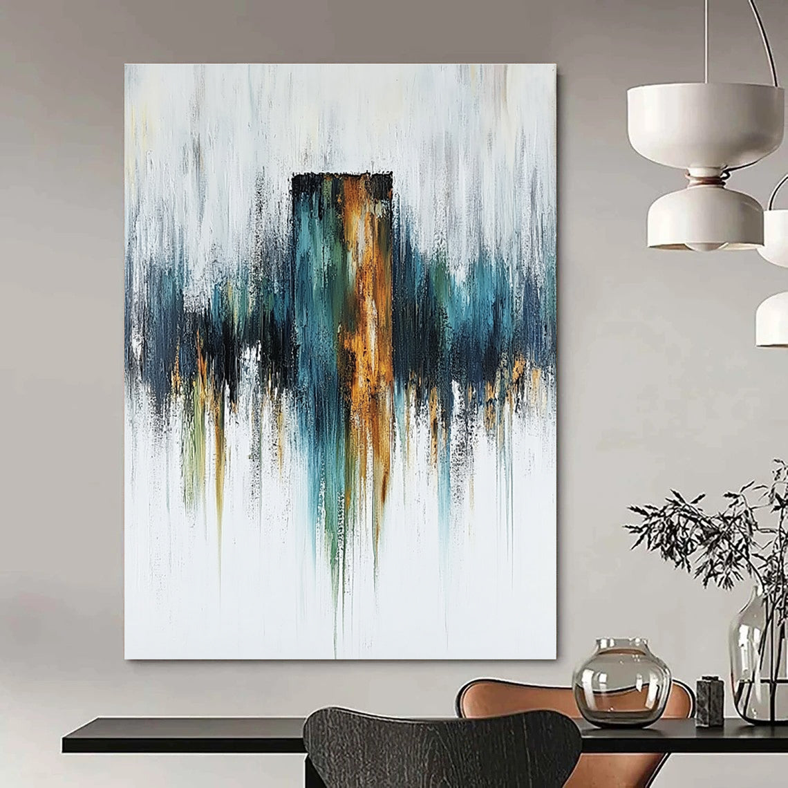 Large abstract painting featuring a rusted metal column on a white canvas with blue green and warm tones for depth and mystery.STSC494