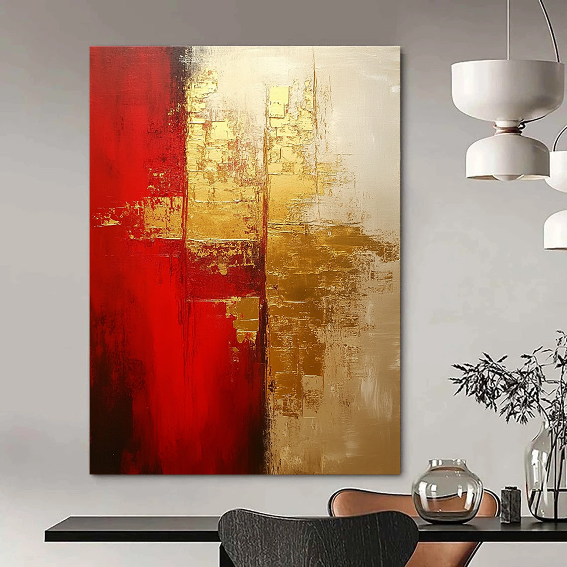Large abstract painting in warm red and gold tones with soft brushstrokes showcasing depth and emotional warmth on a textured oil canvas.STSC824