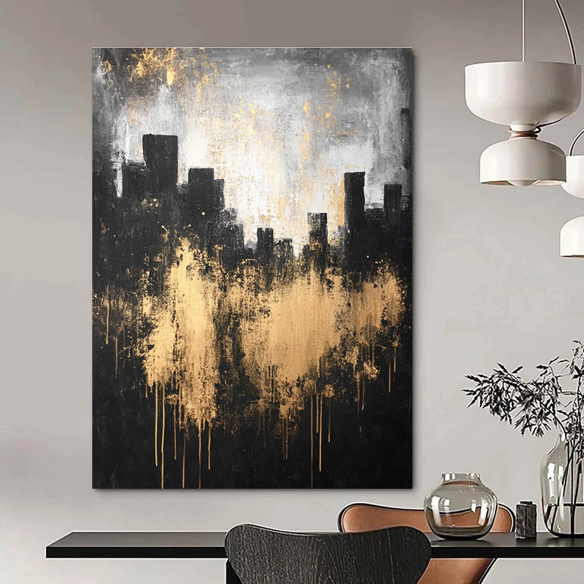 Large abstract painting featuring a city silhouette in dark gray and light gold with textured canvas and atmospheric lighting.STSC216