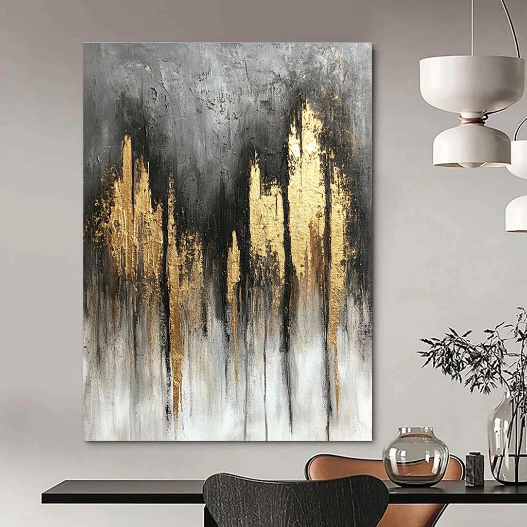 Large abstract painting featuring a gray and gold color scheme with textured canvas flowing lines and a tranquil atmospheric composition.STSC393