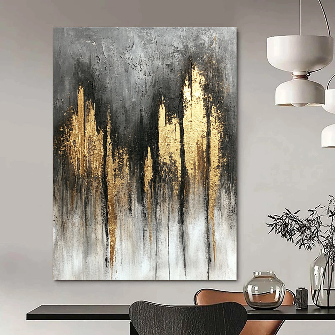 Large abstract painting featuring a gray and gold color scheme with textured canvas flowing lines and a tranquil atmospheric composition.STSC393
