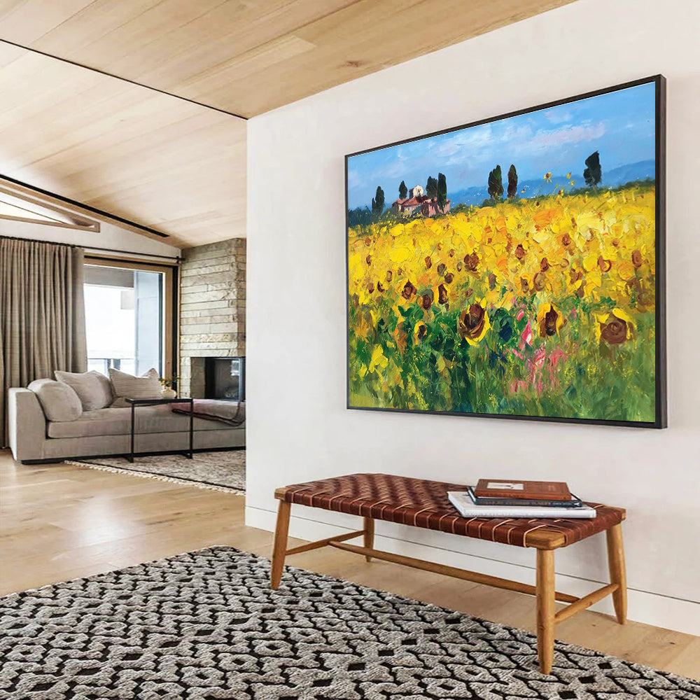 Yellow Green Sunflower Field Abstract Painting THY461