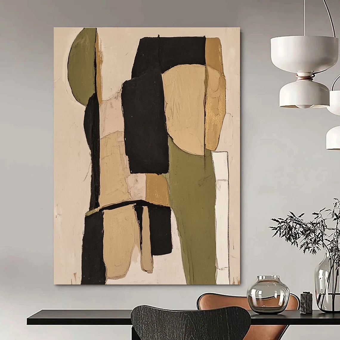 Large abstract painting featuring sage green and black tones with beige and neutral colors for a sophisticated artistic touch.STSC481