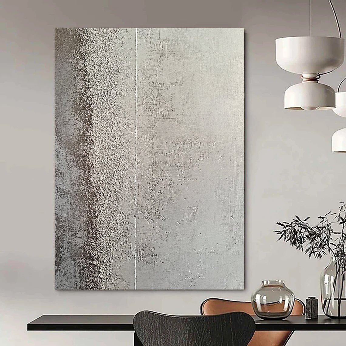 Large abstract painting featuring a textured concrete wall with a subtle gradient and intricate grooves creating depth and contrast.STSC1217