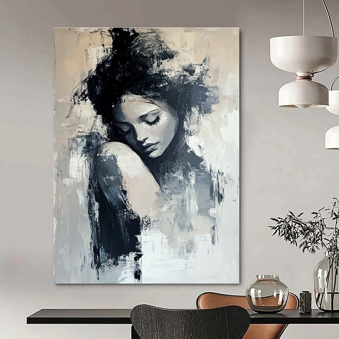Large Abstract Painting Featuring A White Flower With Gold Accents Bold Brush Strokes And Neutral Colors Set Against A Black Background.STSC297