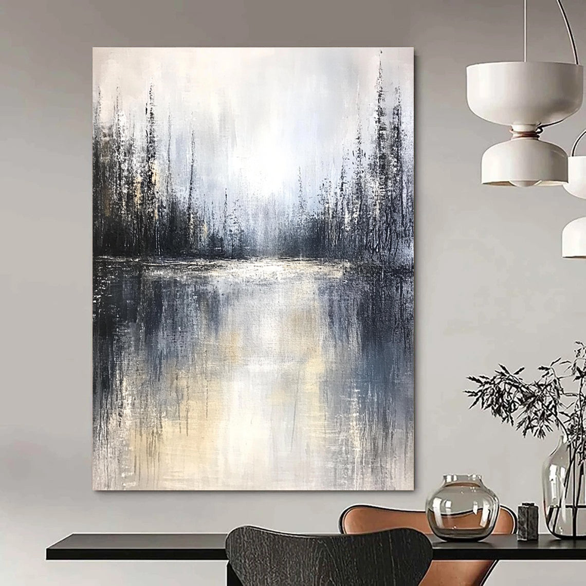 Large abstract painting featuring a misty forest and lake with muted tones soft edges and tranquil atmosphere creating emotional depth.STSC083