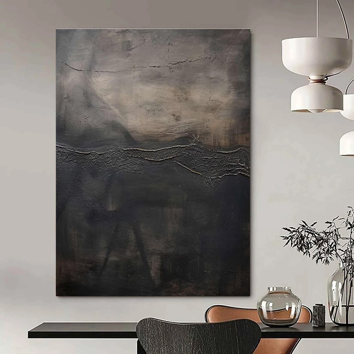 Dark Textured Abstract Painting with Layered Cracks ADGE515