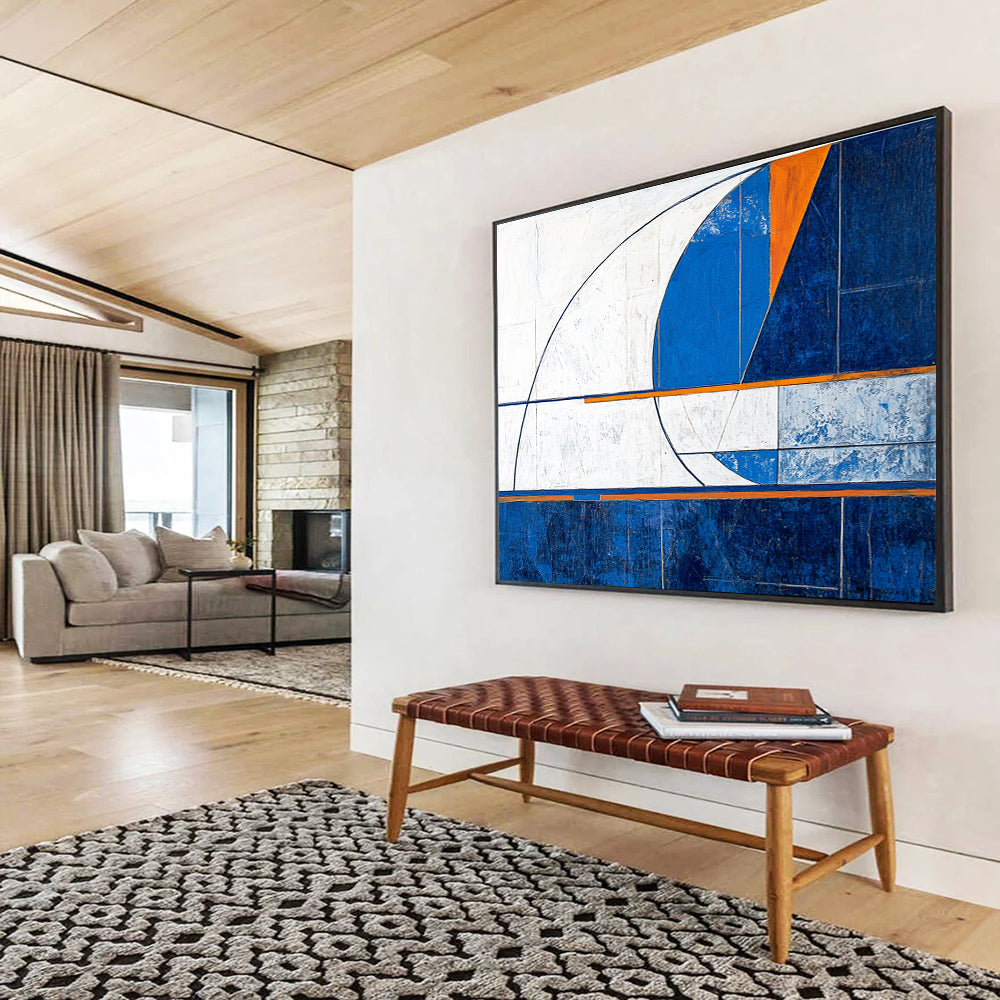 Large abstract painting featuring geometric shapes in blue and white with a modern minimalistic design and dynamic compositions.SC029