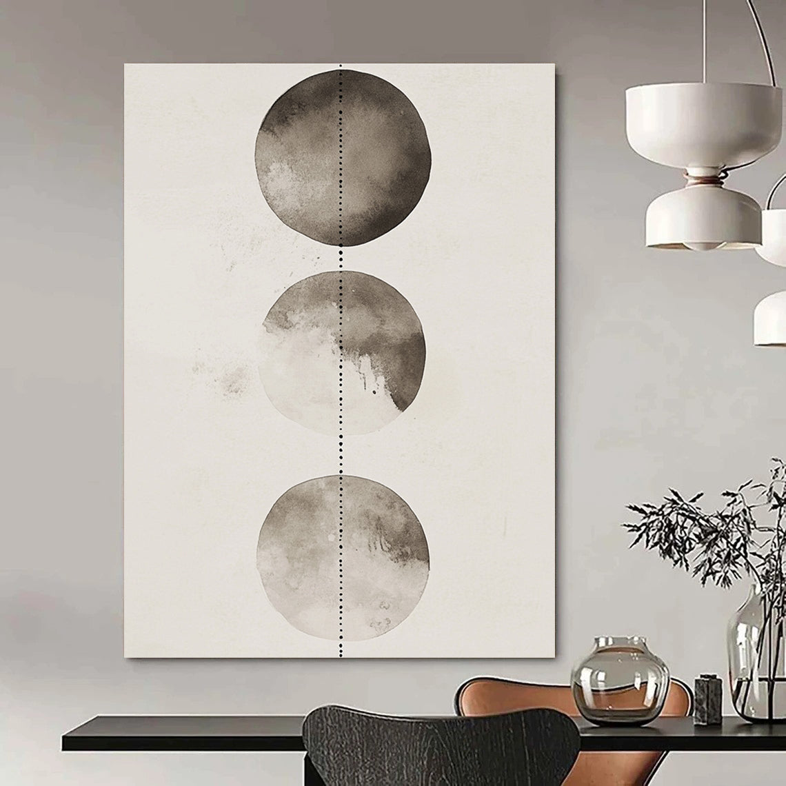 Large abstract watercolor and ink wash illustration featuring three shaded gray and white circles with dotted lines on a clean background.STSC1458
