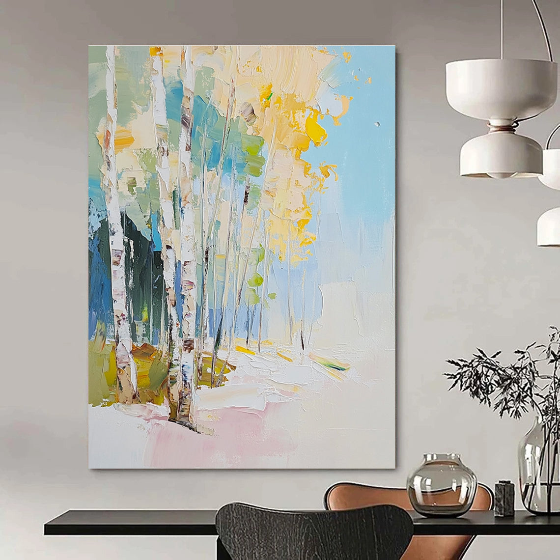 Large abstract oil painting of birch trees with a light blue sky white yellow leaves and white snow featuring impasto brushstrokes.STSC180
