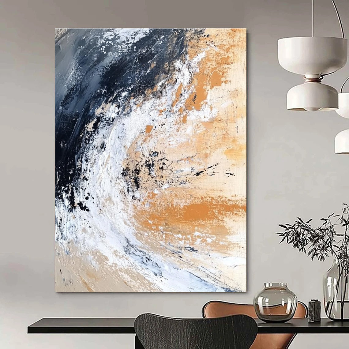 Large abstract painting depicting an ocean wave crashing on the shore in dark black and white with beige brown gray and rust orange.STSC555