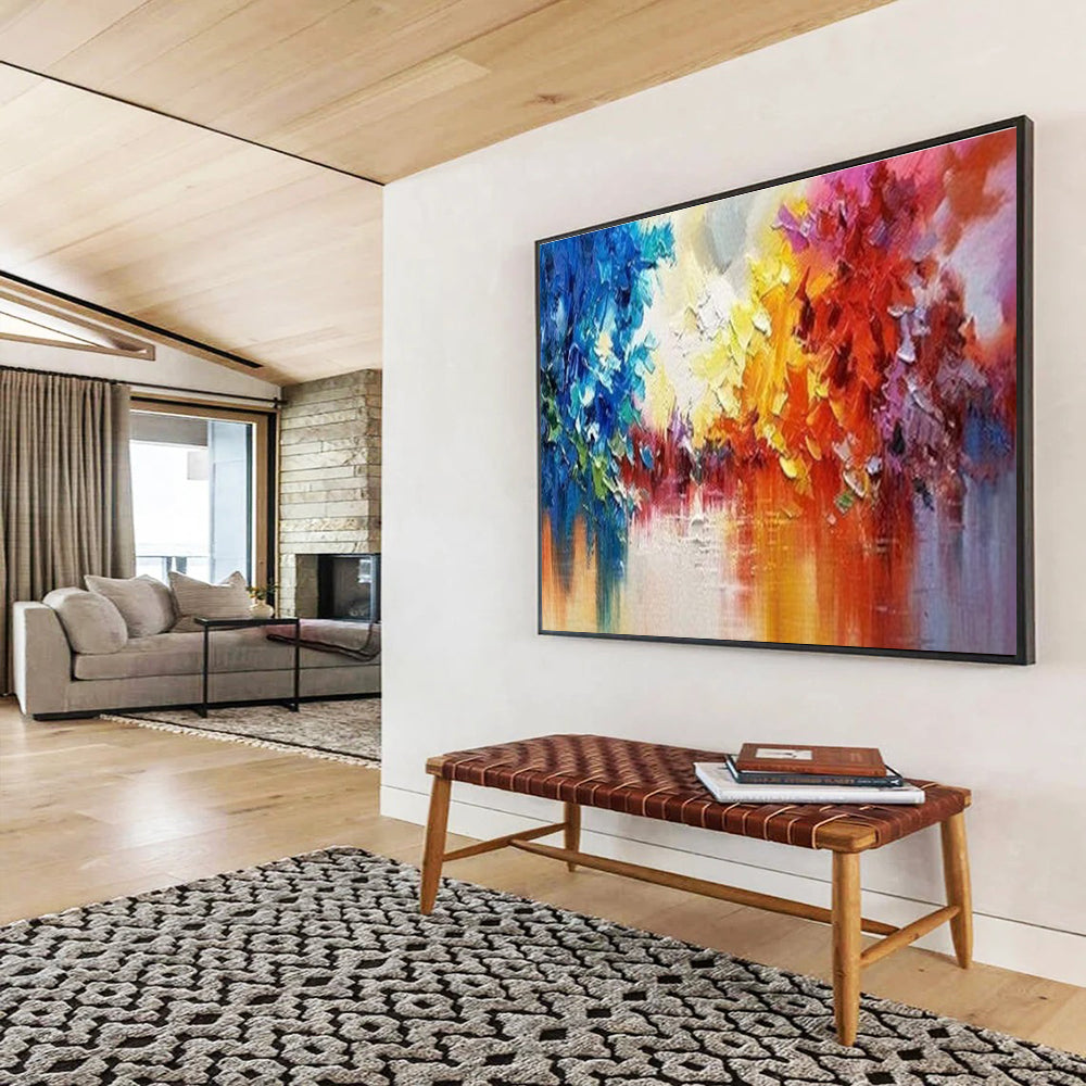 Colorful Tree Reflection Abstract Painting with Blue, Yellow, Red, and Purple Hues THY186